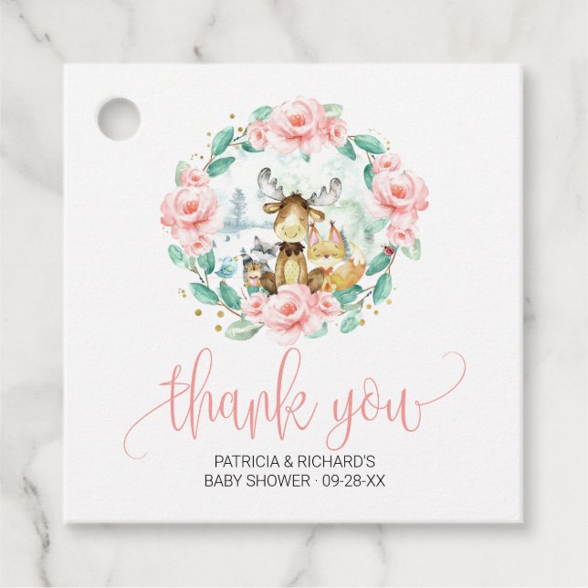 Étiquettes Cadeau Bois Baby shower de verdure fleurie Merci (Devant)