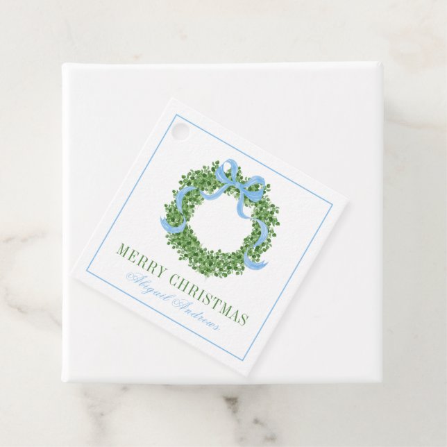 Étiquettes Cadeau Bois de Noël bleu (En situation)