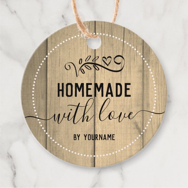 Étiquettes Cadeau Bois Fancy Script fait maison avec amour Affaires (Devant)