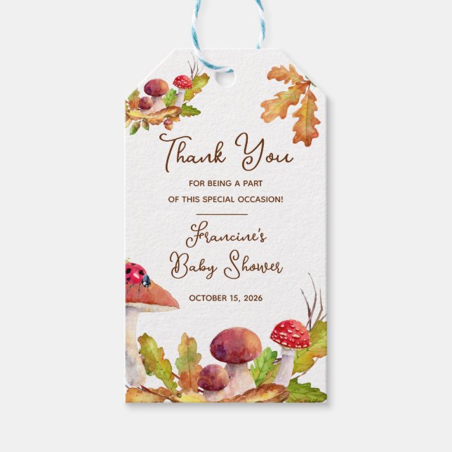 Étiquettes-cadeau Bois, forêt automnale, Baby Shower champignon (Devant)