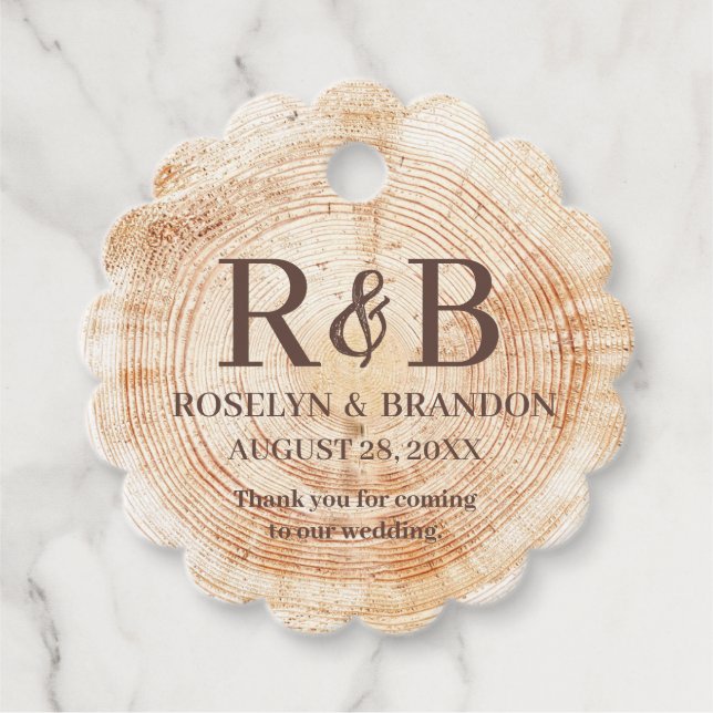 Étiquettes Cadeau Bois Mariage rustique Monogramme merci (Devant)