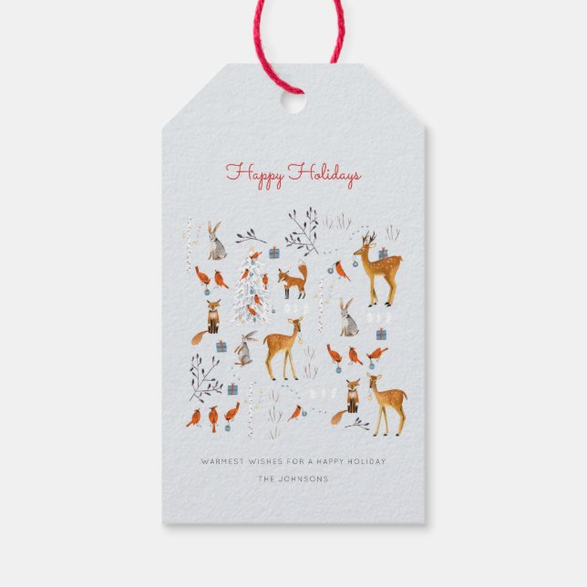 Étiquettes-cadeau Bois moderne bleu & rouge animaux, arbre & oiseaux (Dos)