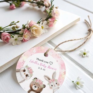 Étiquettes Cadeau Bois rose pâle Baby shower fleuri Animaux