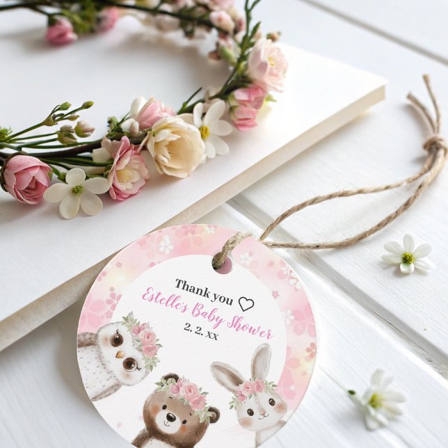 Étiquettes Cadeau Bois rose pâle Baby shower fleuri Animaux (Créateur téléchargé)