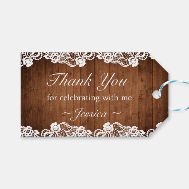 Étiquettes-cadeau Bois rustique & dentelle blanche Anniversaire Merc (Devant (Horizontal))