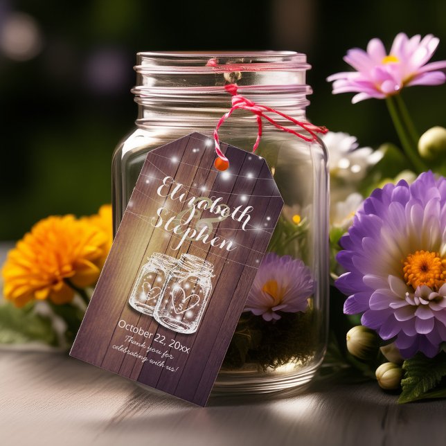 Étiquettes-cadeau Bois rustique élégant Mason Jar String Mariage lég (Créateur téléchargé)