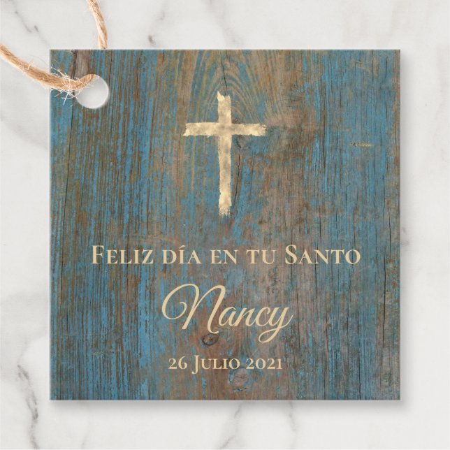 Étiquettes Cadeau bois rustique Feliz dia en tu Santo (Devant)