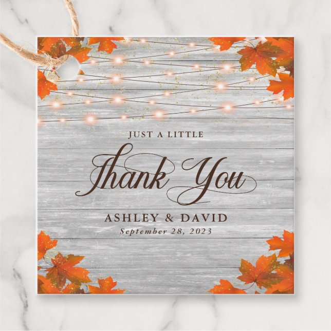 Étiquettes Cadeau Bois Rustique Feuilles Merci Mariage (Devant)
