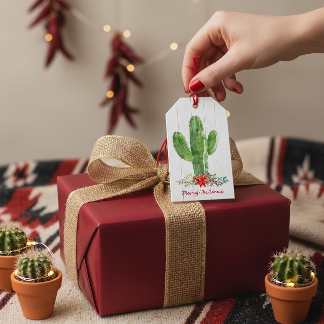 Étiquettes-cadeau Bois rustique Floral Cactus Noël (Créateur téléchargé)