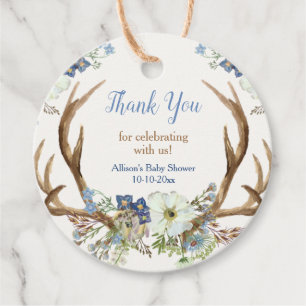 Étiquettes Cadeau Bois rustiques baby shower floral blanc bleu