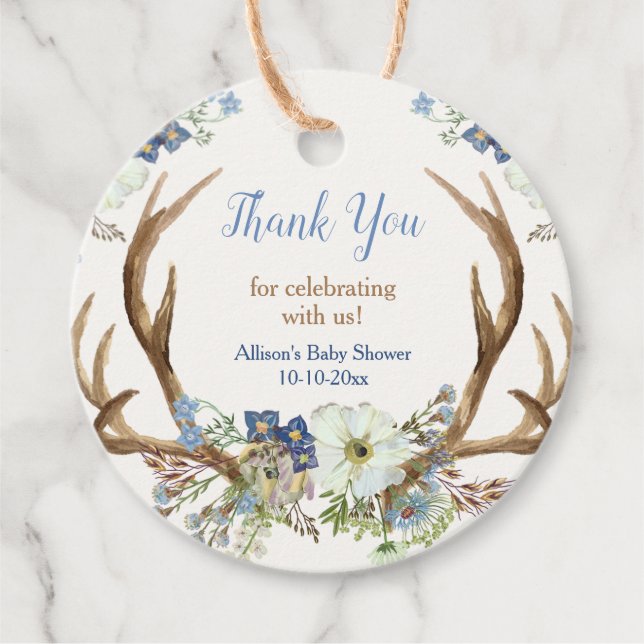 Étiquettes Cadeau Bois rustiques baby shower floral blanc bleu (Devant)