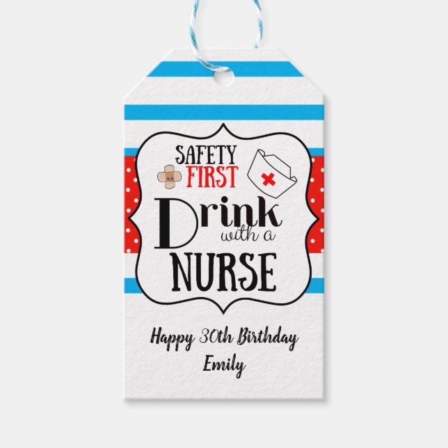 Étiquettes-cadeau boisson de sécurité première avec une infirmière v (Devant)