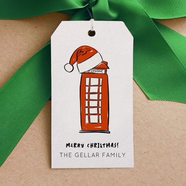 Étiquettes-cadeau Boîte téléphonique Red Santa Hat London (Red Santa Hat London Telephone Box Illustrated Gift Tags)