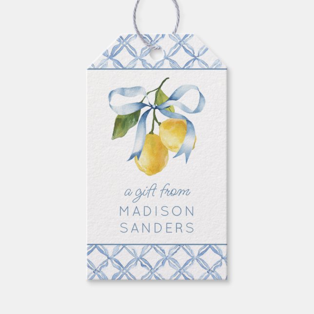Étiquettes-cadeau Boîtier Cadeau Aquarelle bleu Bow Lemons (Devant)
