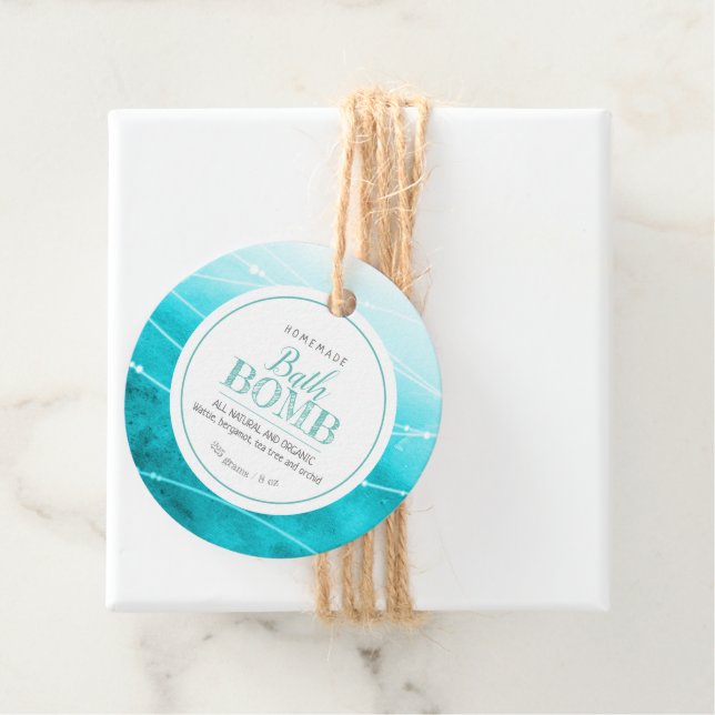 Étiquettes Cadeau Bombe de bain maison turquoise blanc (En situation)
