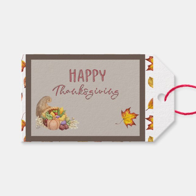 Étiquettes-cadeau Bon thanksgiving Cornucopia Panier Feuilles d'auto (Devant (Horizontal))