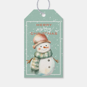 Étiquettes-cadeau Bonhomme de neige festif avec écharpe sarcelle et