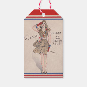 Étiquettes-cadeau Bonjour vintage Fille Soldat Anniversaire