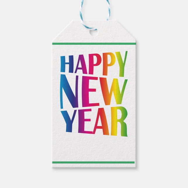 Étiquettes-cadeau Bonne année (A vibrant, colorful New Year tag featuring the words 'HAPPY NEW YEAR' in a bold, playful font.)