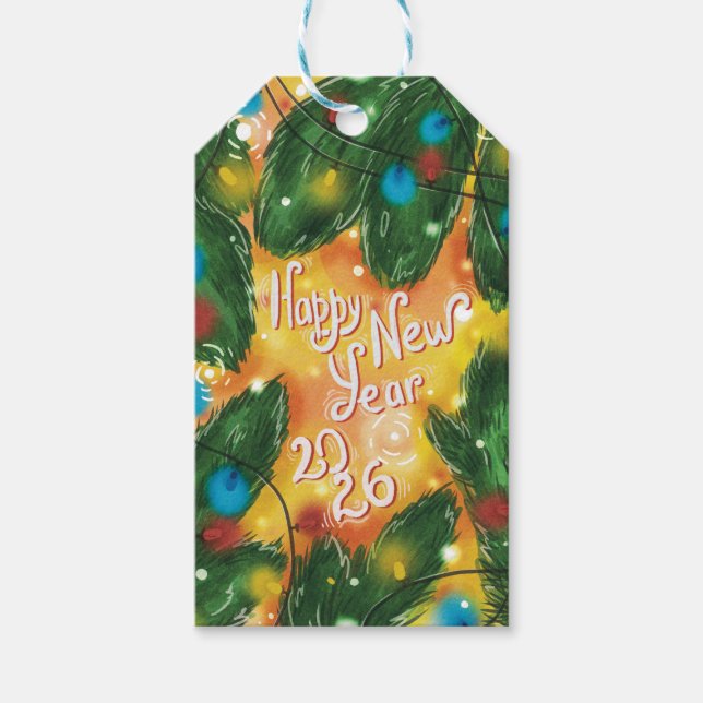 Étiquettes-cadeau Bonne année 2026 Branches de pin et lumières (Devant)