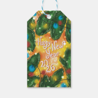 Étiquettes-cadeau Bonne année 2026 Branches de pin & Lumières