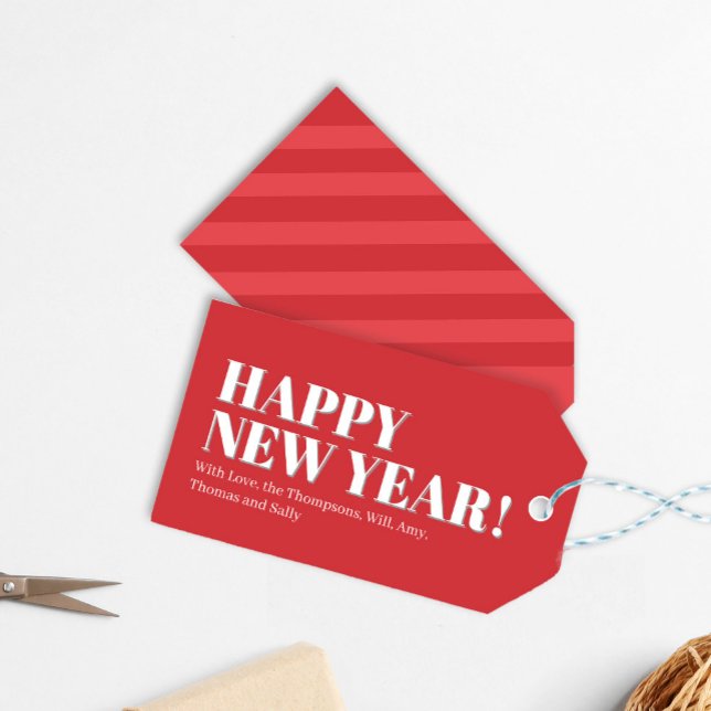 Étiquettes-cadeau Bonne année rouge et blanc personnalisé (Happy New Year Custom Party Gift Tag.)