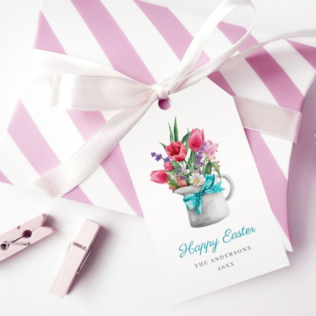 Étiquettes-cadeau Bonne Pâques Printemps Tulip Bleu Ruban personnali (Créateur téléchargé)