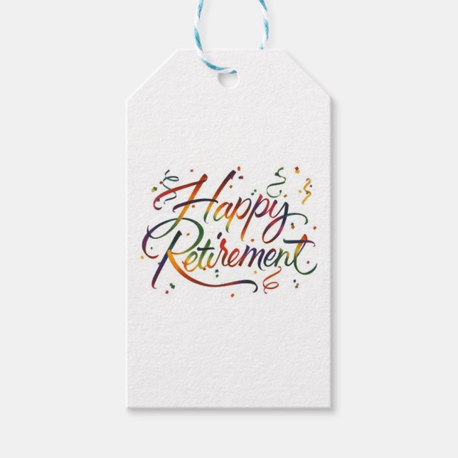 Étiquettes-cadeau Bonne retraite (Happy Retirement tag, showcasing the colorful "Happy Retirement" text.)