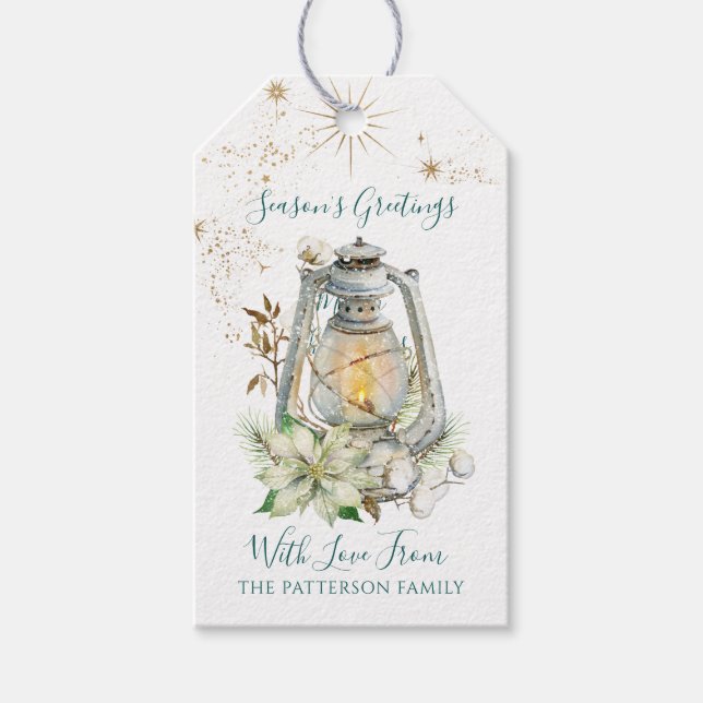 Étiquettes-cadeau Bonnes Fêtes White Poinsettia Nom de famille (Devant)