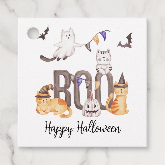 Étiquettes Cadeau Boo Cute Cats Happy Halloween Ghosts Kid's Party (Devant)
