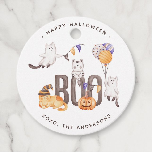 Étiquettes Cadeau Boo Cute Kid's Cats Ghosts Citrouille Happy Hallow (Devant)