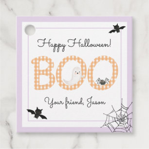 Étiquettes Cadeau BOO Halloween heureux En vichy orange violet Éffra