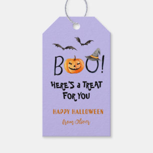Étiquettes-cadeau BOO Joyeux Halloween Friandises Citrouille Violet