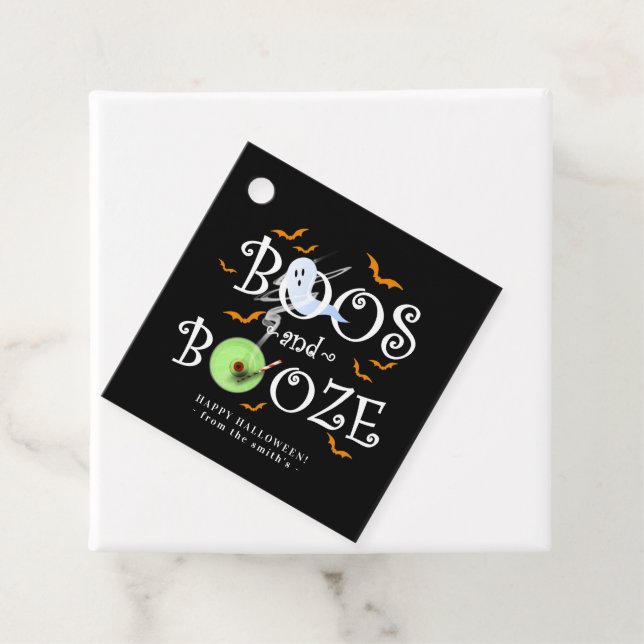 Étiquettes Cadeau Boos & Booze noir & orange Halloween (En situation)