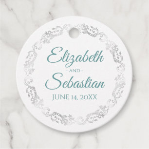 Étiquettes Cadeau Bordure argentée dentelée Élégant mariage sarcelle