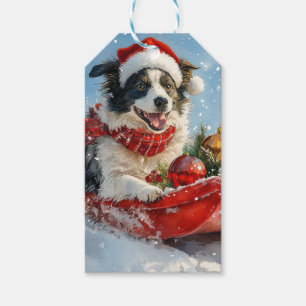 Étiquettes-cadeau Bordure Collie Chien dans la corniche Laisser neig