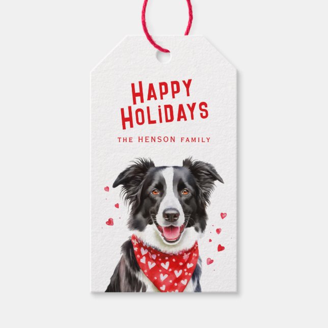 Étiquettes-cadeau Bordure Collie Coeur rouge Bandana Noël (Devant)
