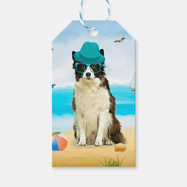 Étiquettes-cadeau Bordure Collie Dog sur la plage (Devant)