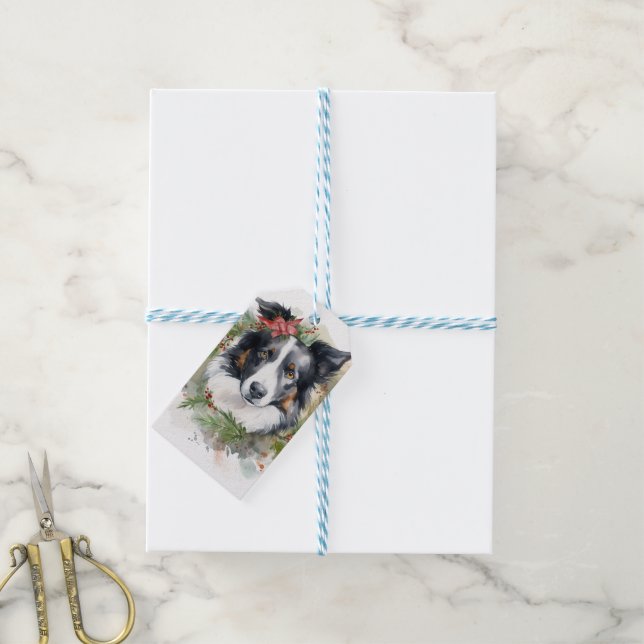 Étiquettes-cadeau Bordure Collie Fête de Noël Wreath Pup (Avec de laficelle)