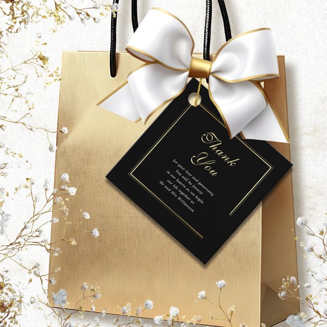 Étiquettes Cadeau Bordure d'or noir blanc Merci de mariage élégant (Créateur téléchargé)