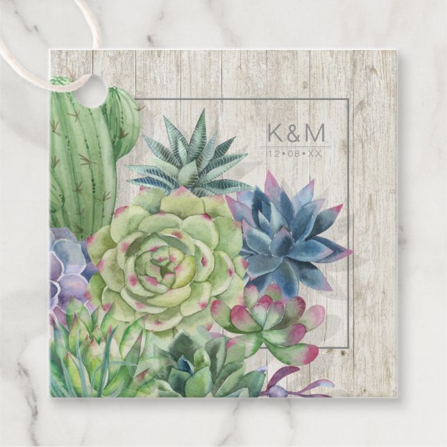 Étiquettes Cadeau Bordure du Mariage de bois rustique et succulents  (Devant)