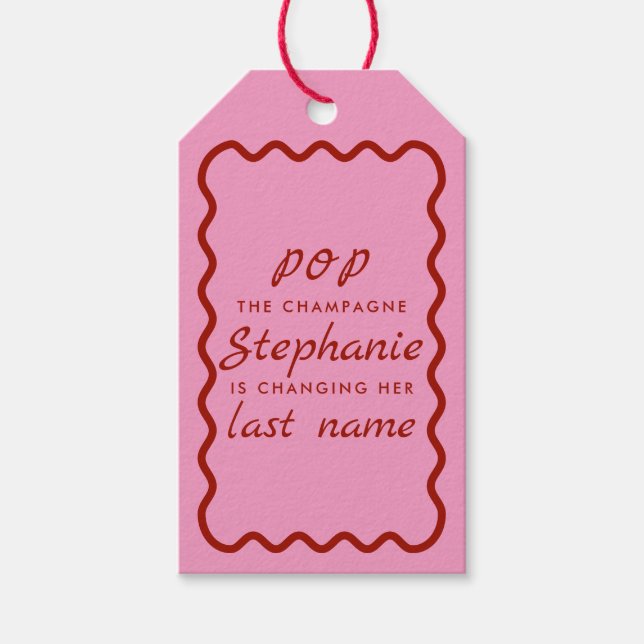 Étiquettes-cadeau Bordure ondulée rose et rouge Pop le Champagne (Devant)