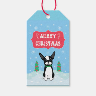 Étiquettes-cadeau Boston Terrier Joyeux Noël avec des flocons de nei