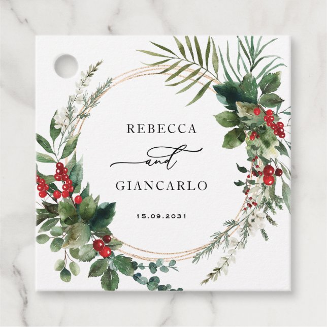 Étiquettes Cadeau Botanical Holiday Greenery Red Berries Wedding (Devant)