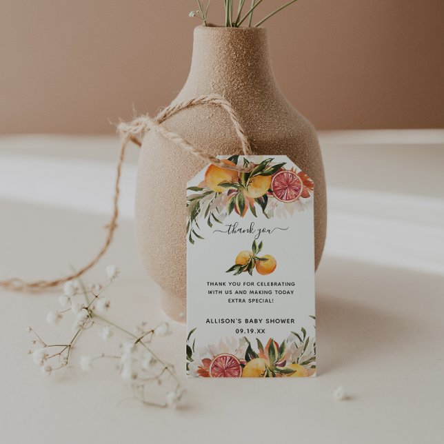 Étiquettes-cadeau Botanique d'agrumes orange | MERCI BABY SHOWER (Créateur téléchargé)