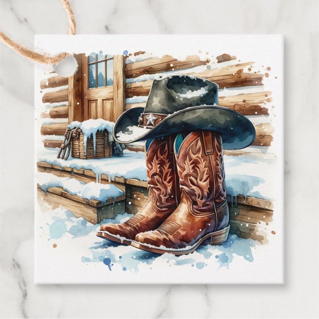 Étiquettes Cadeau Bottes de cowboy sur le porche avant Noël (Devant)