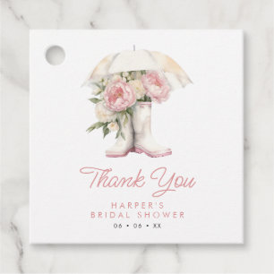Étiquettes Cadeau Bottes de pluie blanches et pivoines roses Baby Sh