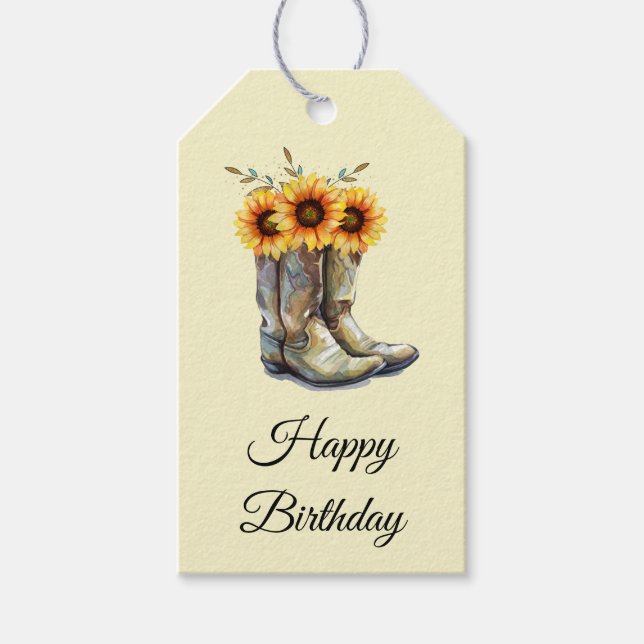 Étiquettes-cadeau Bottes rustiques Cowboy avec tournesol Anniversair (Devant)