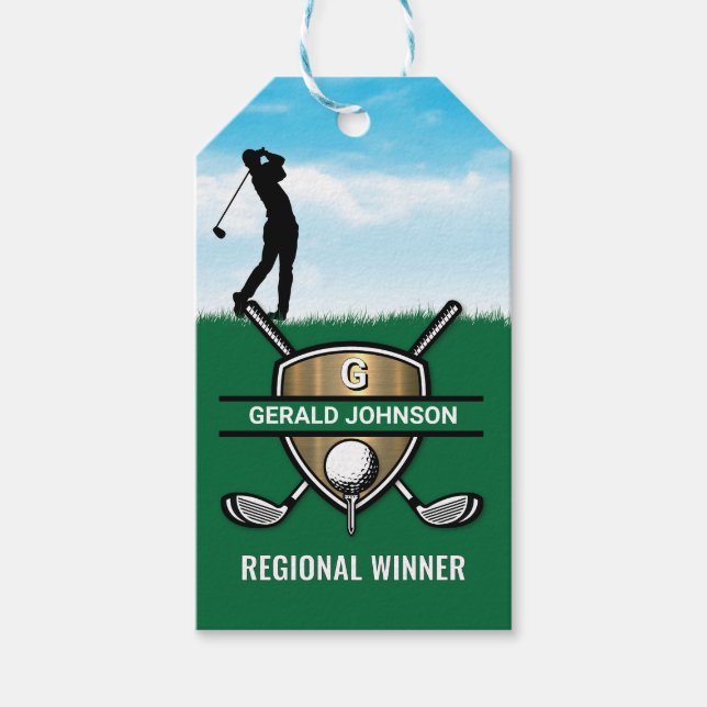 Étiquettes-cadeau Bouclier d'or modèle de monogramme de golf personn (Devant)