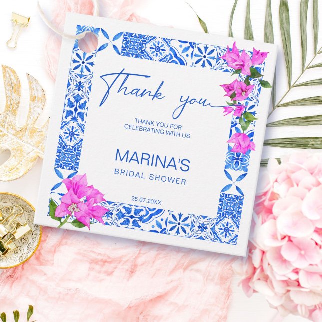 Étiquettes Cadeau Bougainvillea Carreaux Bleus élégant shower de mar (Créateur téléchargé)